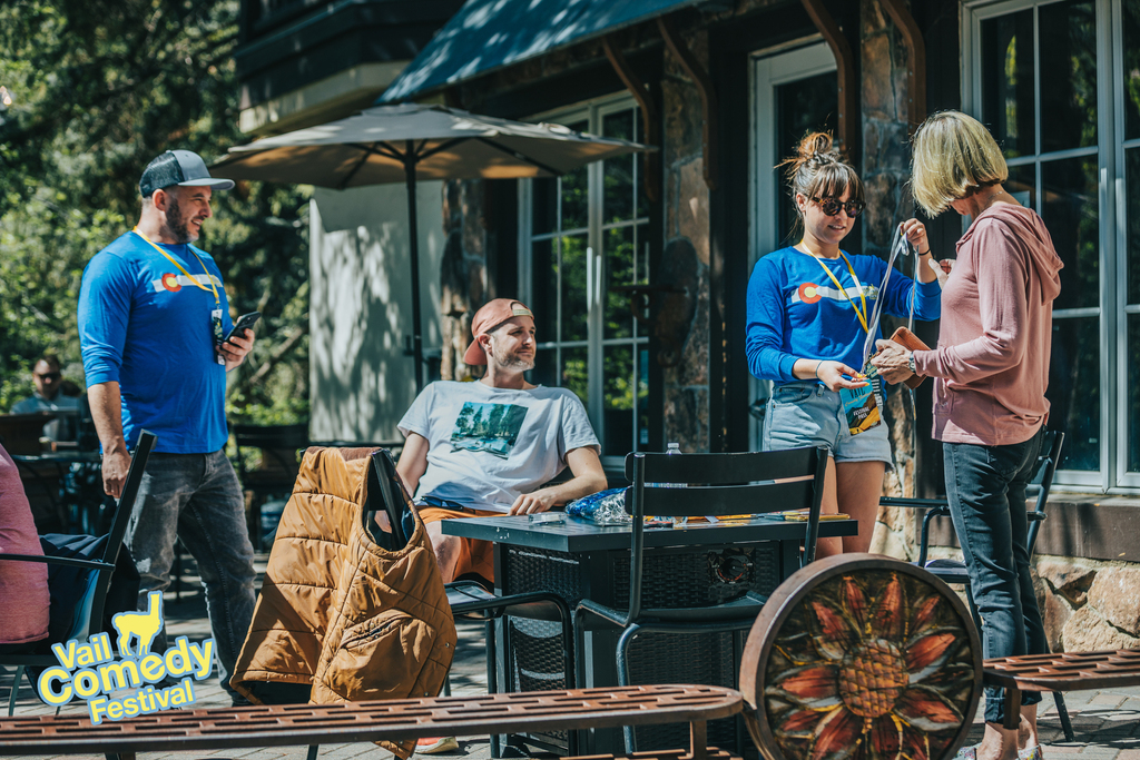 2022 Vail Comedy Festival staff help pass holders get their credentials for a weekend of laughs at festival pass pickup.