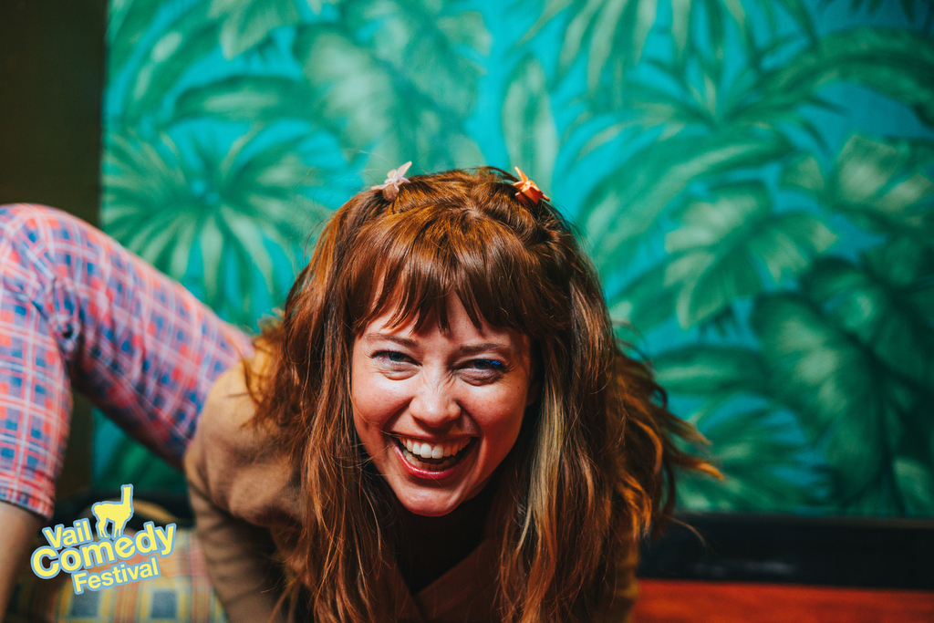Catherine McCafferty, a comedian from New York City laughs it up during an impromptu photo shoot with Nick Holmby at the 2022 Vail Comedy Festival