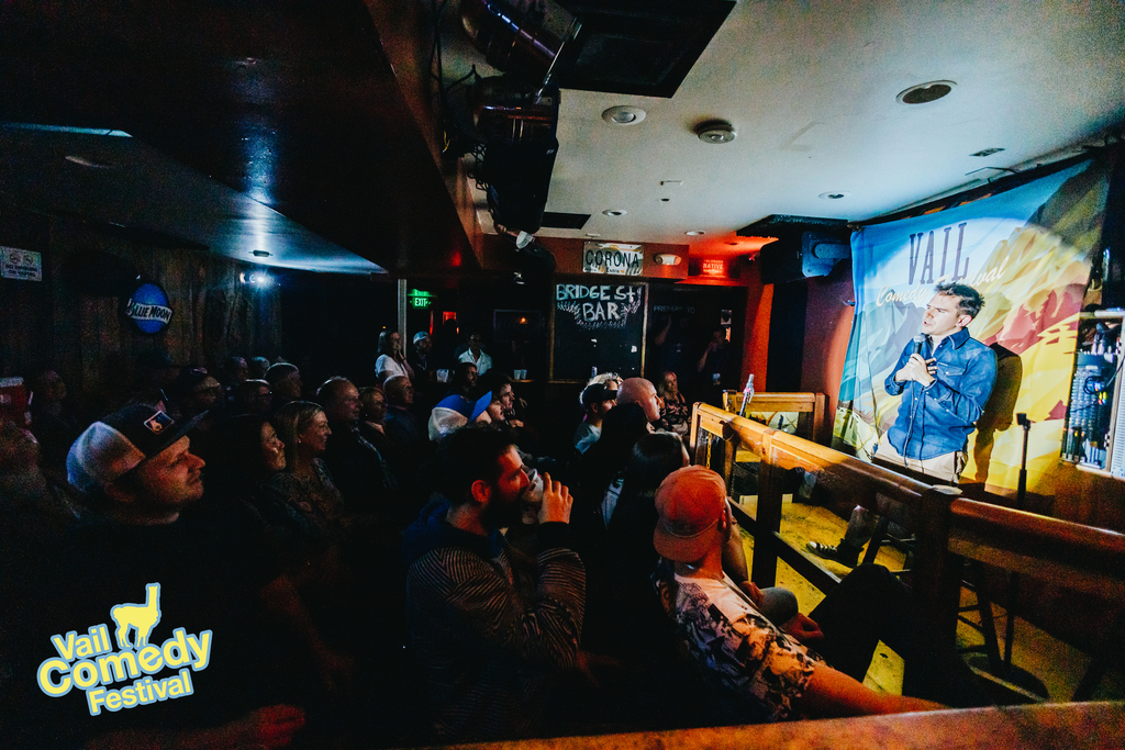 Steven Rogers who performed on the Late Late Show with James Corden two weeks before his appearance at the 2022 Vail Comedy Festival tells jokes to a standing room only audience