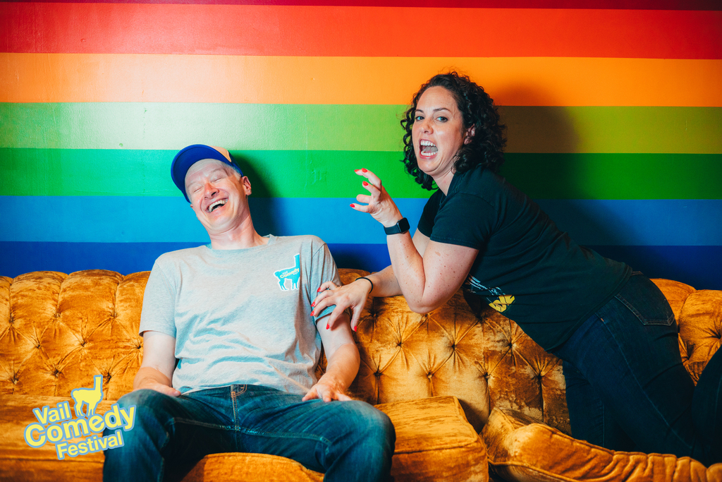 Vail Comedy Festival headliner Caitlin Peluffo gets a big laugh from organizer Mark Masters behind the scenes at the 2022 Vail Comedy Festival