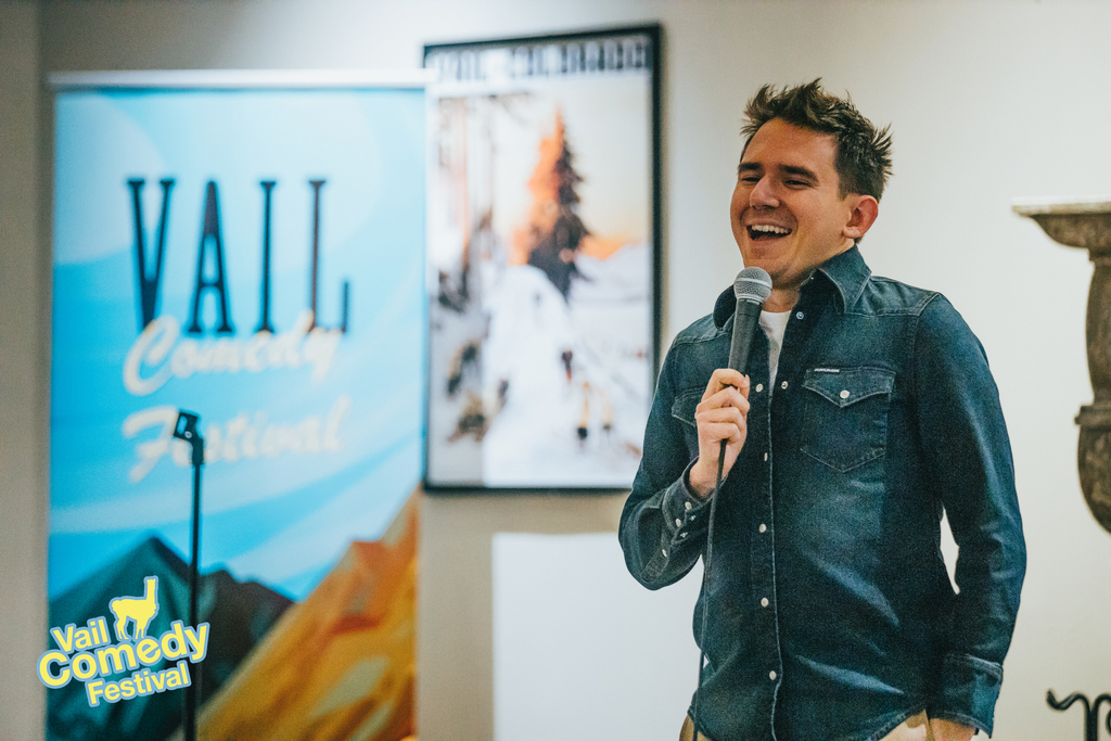 Headliner Steven Rogers enjoys some stage time at a pop up comedy show during the 2022 Vail Comedy Festival after working out some new material at an open mic held in the basement of the world famous Vendetta's pizza