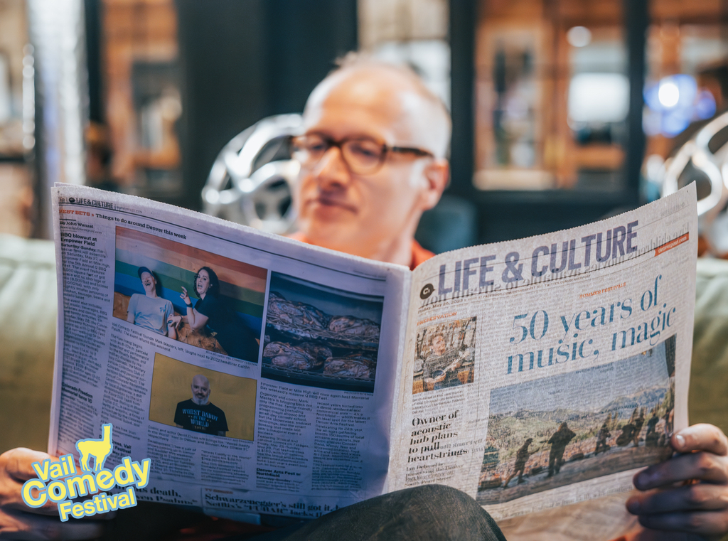 2023 Vail Comedy Festival - Mark Masters reads up on the festival in The Denver Post which used a photograph of Mark and 2022 festival headliner Caitlin Peluffo