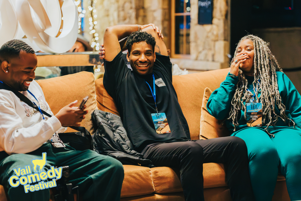 2023 Vail Comedy Festival - Comics from around the nation crack each other up, oustside a show in progress.  Pictured left to right - Dvontre Coleman (San Francisco), Jamelle Sirleaf (New York City) and Tiffany Burke (Atlanta)